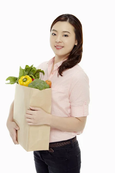 Cheerful Woman Bag Groceries — Stock Photo, Image