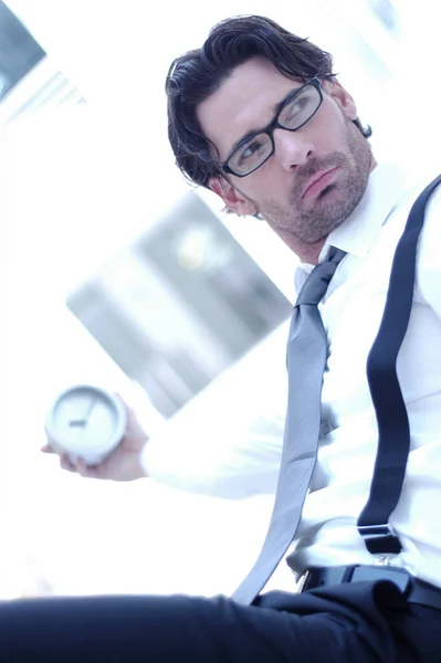 Bespectacled Man Holding Clock — Stockfoto