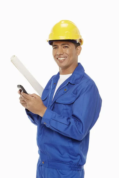 Bauarbeiter Schickt Eine Sms — Stockfoto