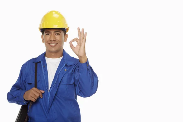 Trabalhador Construção Mostrando Gesto Mão — Fotografia de Stock