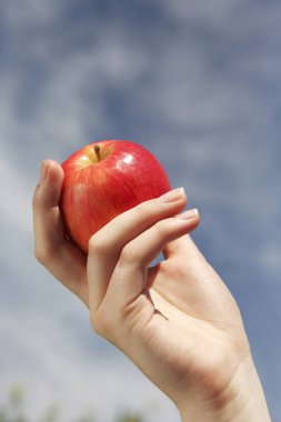 Kadının eli kırmızı elmayı tutuyor.