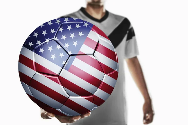 Een Voetbal Speler Holding Verenigde Staten Van Amerika Voetbal — Stockfoto