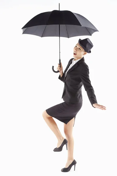 Mulher Negócios Alegre Posando Com Guarda Chuva — Fotografia de Stock