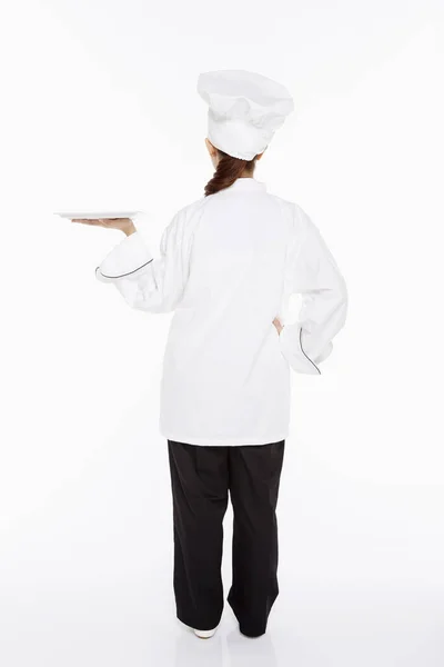 Chef Fêmea Segurando Uma Bandeja — Fotografia de Stock
