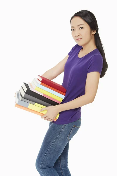 Mujer Llevando Una Pila Libros — Foto de Stock