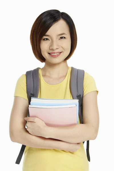 Mujer Con Mochila Llevando Libros — Foto de Stock