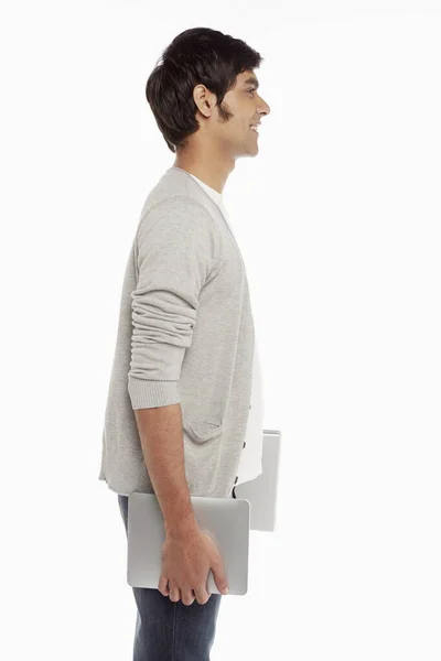 Mężczyzna Trzymający Laptopa Tablet Cyfrowy — Zdjęcie stockowe