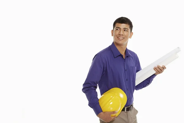 Arquiteto Segurando Capacete Construção Plano Construção — Fotografia de Stock