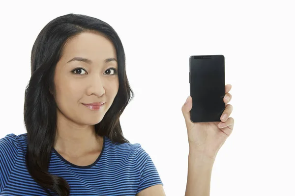 Cheerful Woman Holding Mobile Phone — Stock Photo, Image
