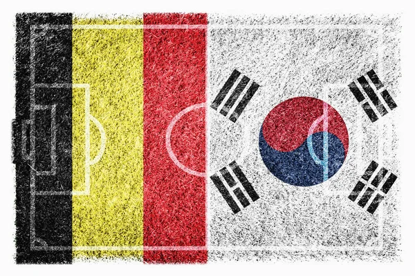 Banderas Bélgica Corea Del Sur Campo Fútbol — Foto de Stock