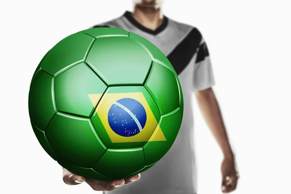 Ein Fußballer Hält Brasiliens Fußball Der Hand — Stockfoto