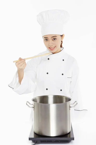 Cocinero Femenino Cocina Degustación — Foto de Stock