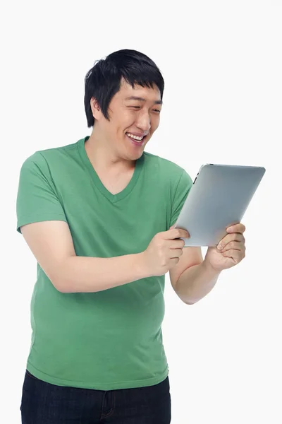 Happy Man Using Digital Tablet Happy Man Using Digital Tablet — Stock fotografie