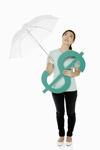 Femme Protégeant Signe Dollar Avec Parapluie — Photo