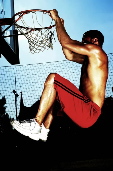 Player Hanging Hoop Slam Dunk — Stock Photo, Image