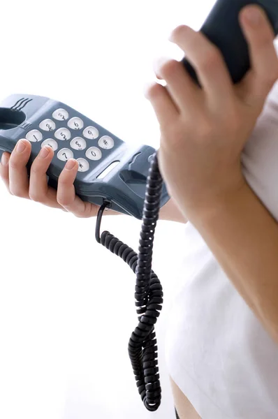 Ein Paar Hände Nimmt Den Hörer Des Telefons Die Hand — Stockfoto