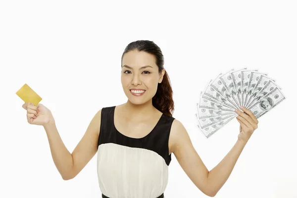 Cheerful Woman Credit Card Cash — Stock Photo, Image