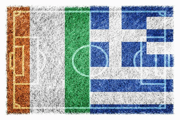 Flags of Ivory Coast and Greece on soccer field