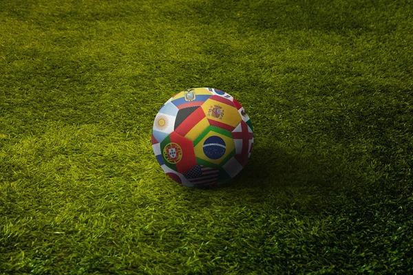 World flags soccer ball on a playing field