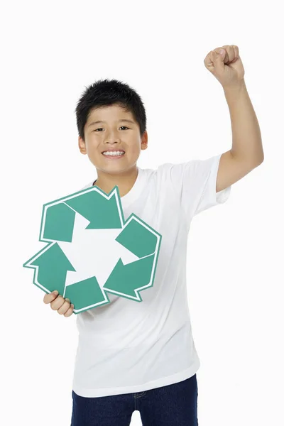 Ragazzo Reggendo Logo Recycle — Foto Stock