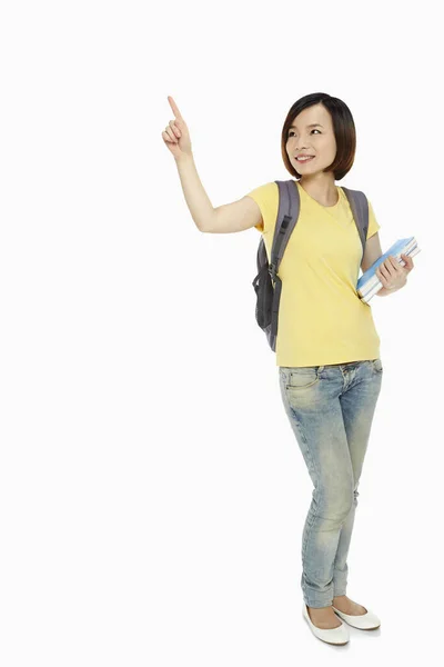 Mujer Alegre Señalando Derecha — Foto de Stock