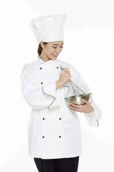 Chef Feminino Usando Batedor Arame — Fotografia de Stock