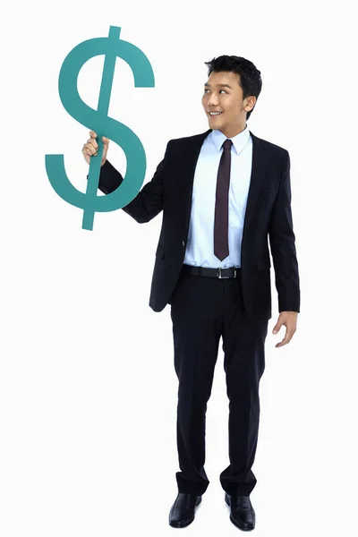 Χαρούμενος Επιχειρηματίας Που Κρατάει Ένα Σύμβολο Δολαρίου — Φωτογραφία Αρχείου