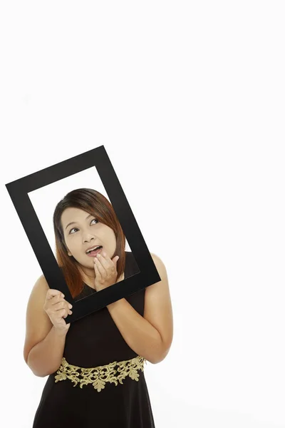 Cheerful Woman Holding Black Picture Frame — Stock Photo, Image
