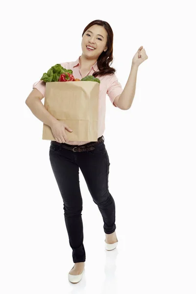 Woman Carrying Groceries Cheering — Stock Photo, Image