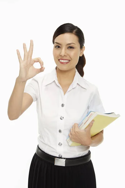 Cheerful Woman Showing Hand Gesture — Stock Photo, Image