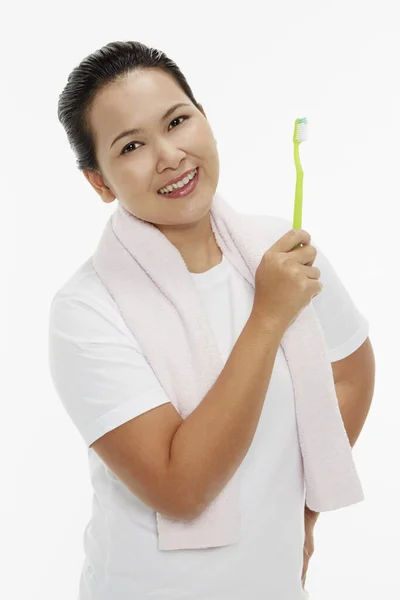 Cheerful Woman Holding Tooth Brush — Stock Photo, Image