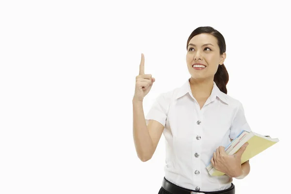 Mujer Alegre Mostrando Gesto Mano —  Fotos de Stock