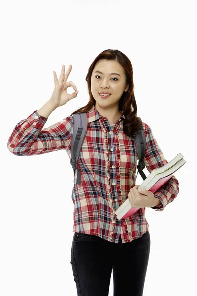 Mujer Alegre Mostrando Gesto Mano — Foto de Stock