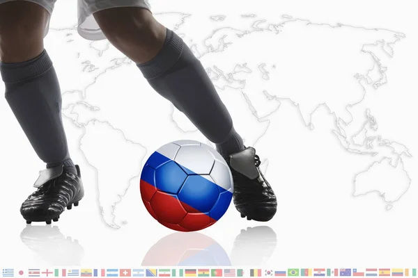 Jugador Fútbol Drible Una Pelota Fútbol Con Bandera Rusia —  Fotos de Stock