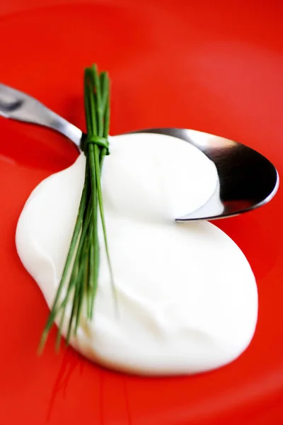 Yogurt Cucchiaio Sfondo Rosso — Foto Stock