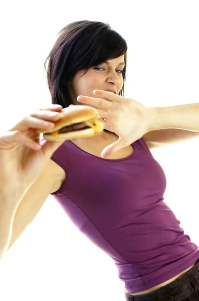 Lady Refraining Herself Eating Cheese Burger — Stock Photo, Image