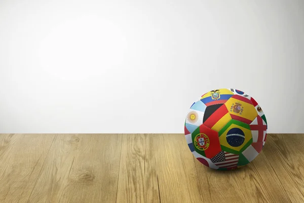 Wereld Vlaggen Voetbal Bal Parketvloer — Stockfoto