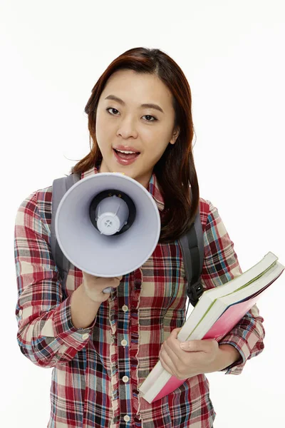 Mulher Gritando Megafone — Fotografia de Stock