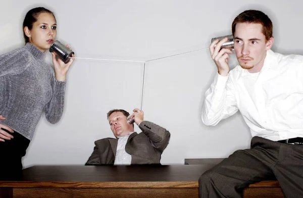 Businessman Eavesdropping Tin Can Phone Conversation — 스톡 사진