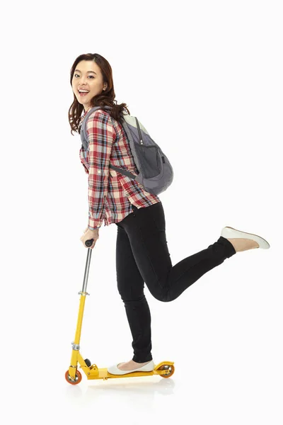 Happy Woman Riding Scooter — Stock Photo, Image