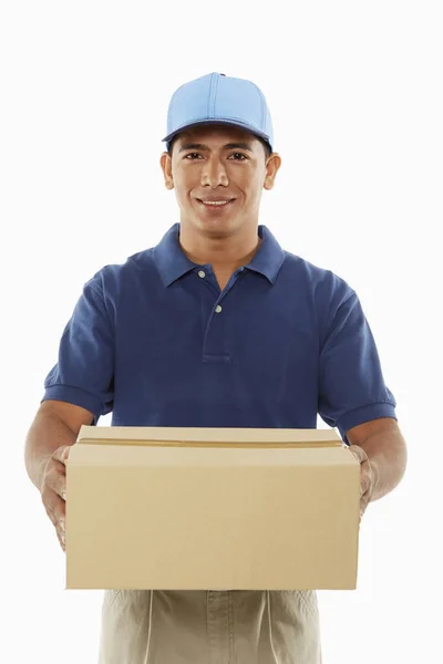 Entrega Persona Que Lleva Una Caja Cartón — Foto de Stock