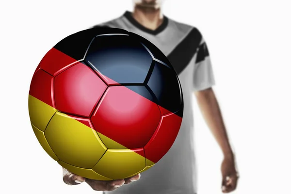 Ein Fußballer Hält Deutschlands Fußball Der Hand — Stockfoto
