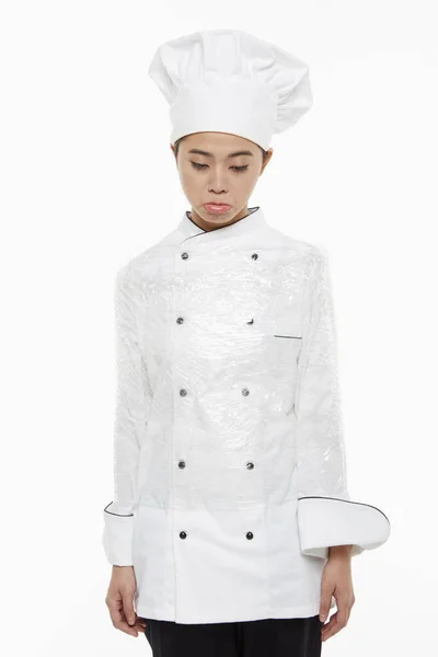 Vrouwelijke Chef Kok Vastgebonden Met Een Klem Wrap — Stockfoto