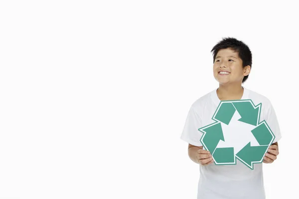 Niño Sosteniendo Logotipo Reciclaje — Foto de Stock