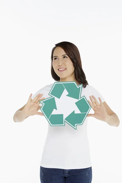 Vrouw Met Een Recycle Logo — Stockfoto