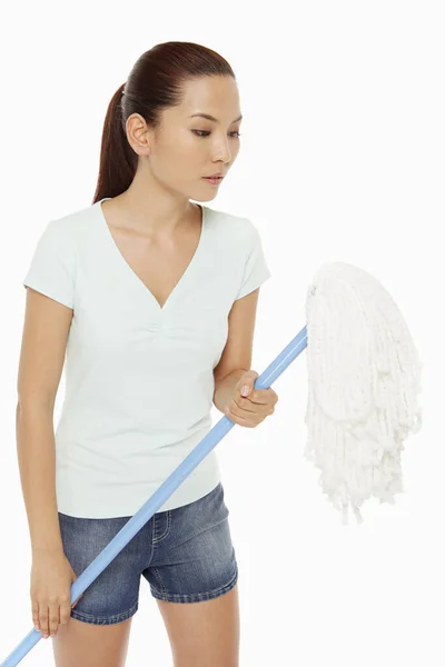 Woman Holding Mop — Stock Photo, Image