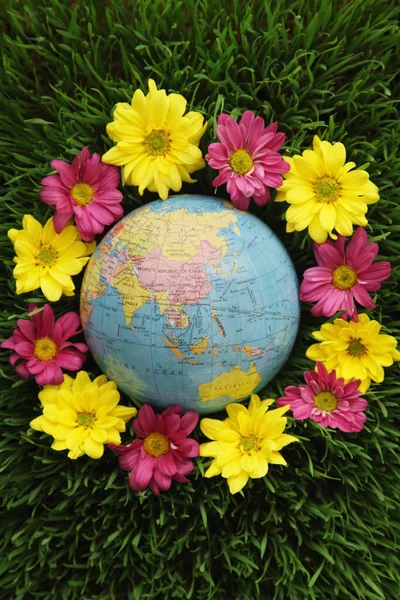 Globe on grass surrounded by flowers