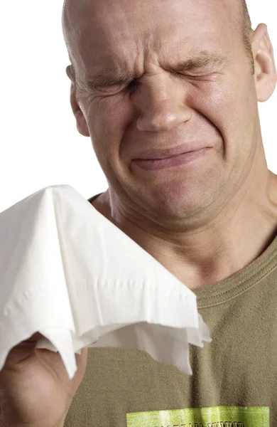 Gråtande Man Som Håller Vävnad — Stockfoto