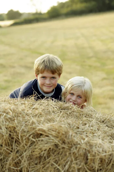 Barn Som Växer Upp Höstack — Stockfoto