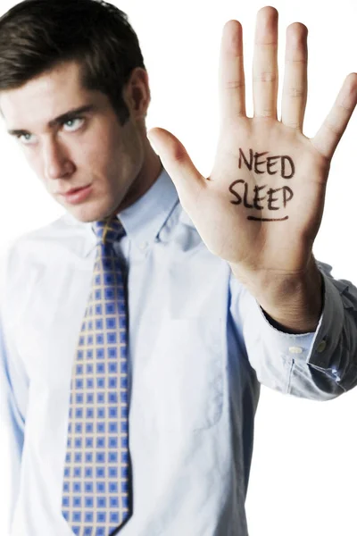 Uomo Affari Con Parola Need Sleep Scritta Sul Palmo Della — Foto Stock